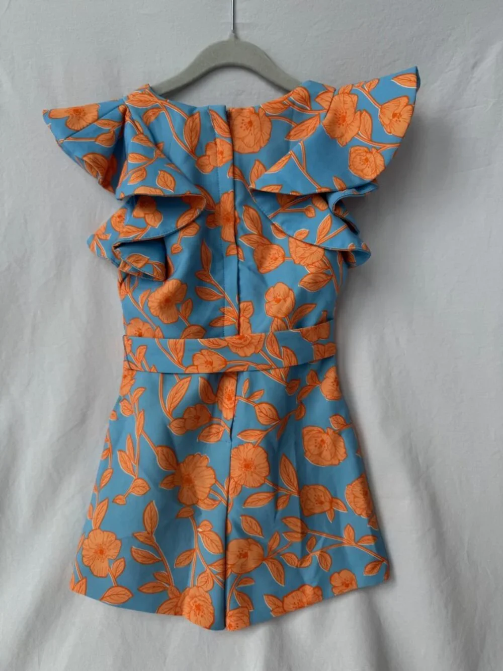 GB Girls Blue Orange Floral Ruffle Sleeve Belted Romper Size 5
